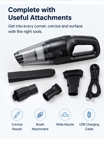 Handheld vacuum with pictured nozzle and brush attachments